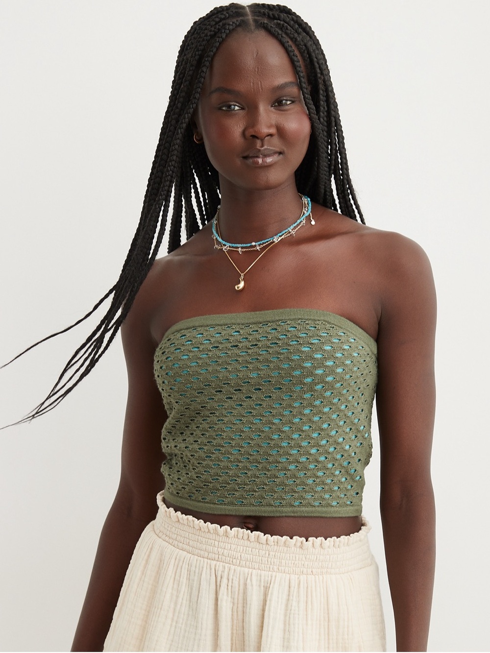 Aerie Crochet Sweater Tube Top Olive Fun Strapless Open Knit Crop NWOT XXS